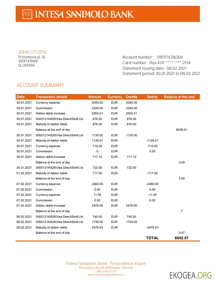 Slovénie Intesa Sanpaolo Bank, Poslovalnica Koper excel pdf